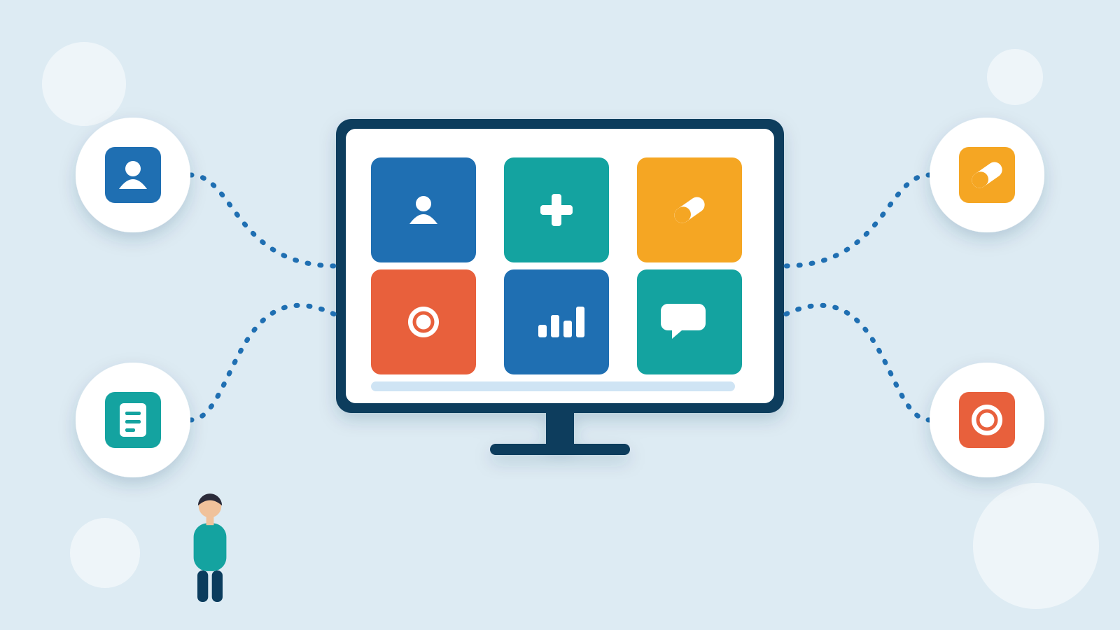 Sistem informasi manajemen klinik di layar monitor dengan modul pendaftaran, pelayanan, farmasi, dan kasir